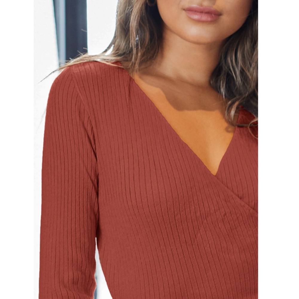 Soft Knit Redwood V-Neck Sweater Top - Picture 4 of 6
